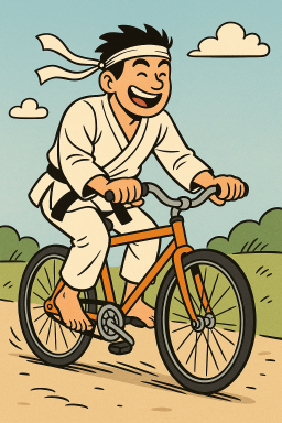 Karateka auf einem Fahrrad
